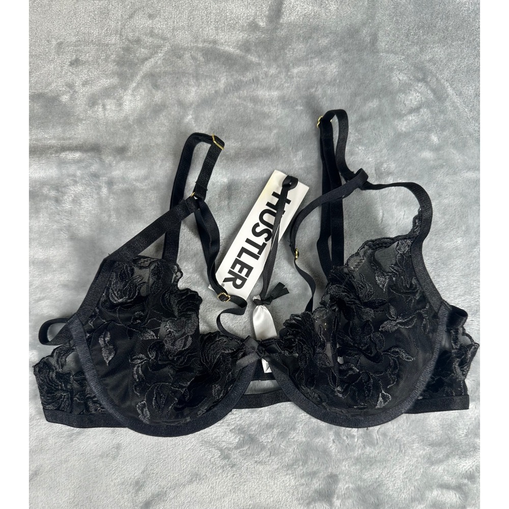 Hustler‎ Bra Womens 32D Black Embroidered Satin Sling Cup Underwire Strappy